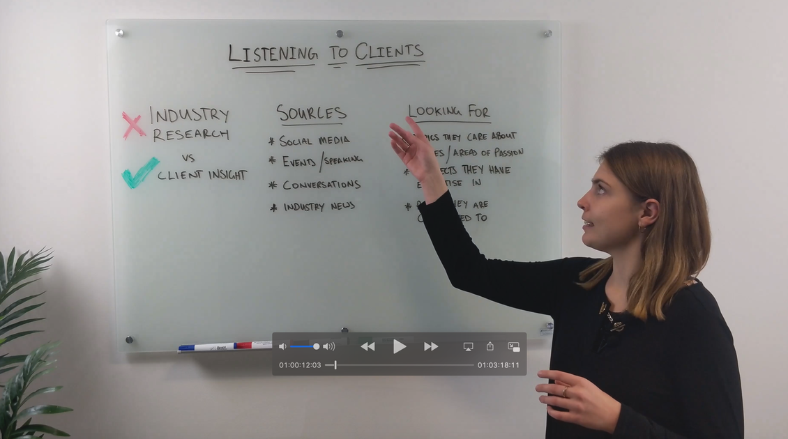 Whiteboard session How to listen to your clients for insights, Sarah
