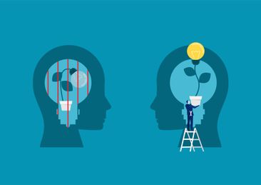 businessman holding light bulb for put think growth mindset different fixed mindset concept vector