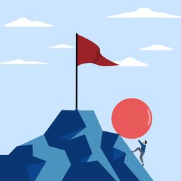 concept of hard work, burden or obstacle, business difficulty, struggle, challenge to success, motivation or persistence concept, businessman pushing rock uphill all the way to the top of the mountain