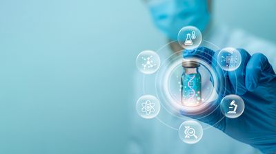 Science Biotechnology DNA concept. scientist holding medical testing tubes or vial with a glowing DNA helix, surrounded by scientific and tech icons, representing research and innovation. medical.