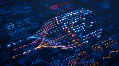 AI powers big data analysis and automation workflows, showcasing neural networks and data streams for business. Artificial intelligence, machine learning, digital transformation and tech innovation.