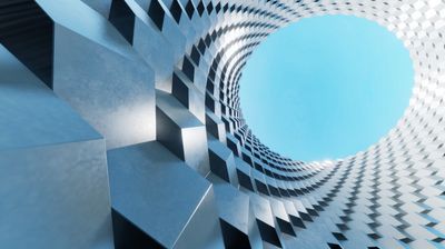 Arquitectura moderna abstracta con fachada de motivos ondulados, representación en 3D