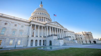 Low angled view of the U.S. Capitol East Facade Front in Washington, DC.