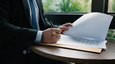 Businessman signing a document on a round table, showcasing legal agreement and professional commitment. Perfect for business, contract, and legal concepts.