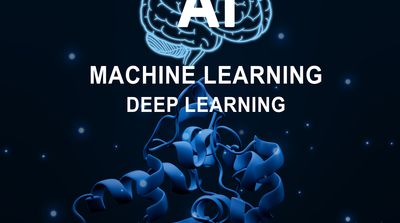 Artificial intelligence concept showing machine learning and deep learning applied in protein structure analysis and bioinformatics. Futuristic technology for biotechnology, drug discovery, and genomics.