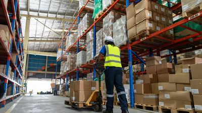 African American man worker using pallet truck for move cardboard boxes. Storehouse employee in uniform working and unloading goods in warehouse. Logistics, Distribution Center concept.