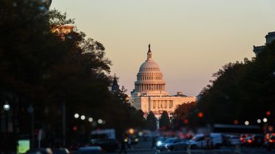 View of Capitol Building in the background from Freedom Plaza, Focusing on the background