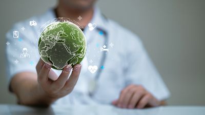 一名医疗工作者正向一个漂浮的地球仪伸出手，地球仪周围环绕着象征健康、科技和全球联系的各种数字图标。这位医生似乎身处诊室环境中，背景中的数字插图展示了数据图表和医疗设备。