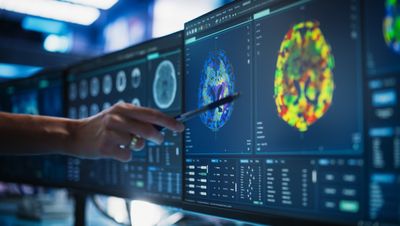 Modern Medical Research Center: Anonymous Doctor Pointing At Desktop Computer Monitor With CT Scan Of Patient's Spinal Cord. Specialist Looking For Tumors Or Damage, Looking For Treatment Methods.