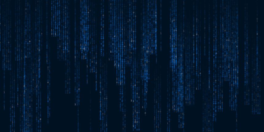 Digital binary code matrix background with digits moving across the screen. Data decoding and encoding algorithms in the digital age. Vector illustration.