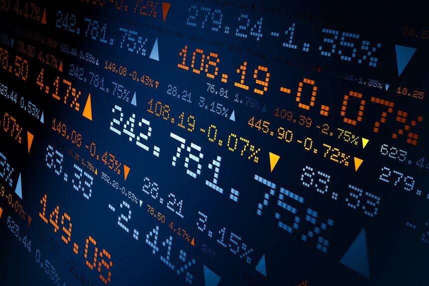 Stock market ticker with prices, percentage changes. Abstract ticker board, financial market, screen, business, trading, rates, quotes, investment. 3D illustration