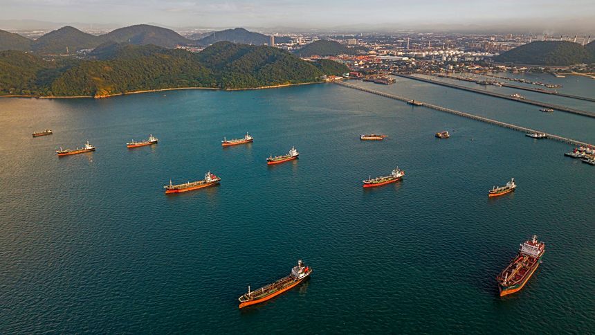 Aerial view oil ship tanker waiting load or unload oil.