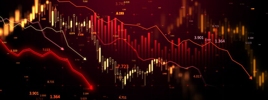 Financial chart with red candlesticks and arrows, glowing numbers, and a dark gradient background. Concept of a stock market crisis. 3D Rendering.