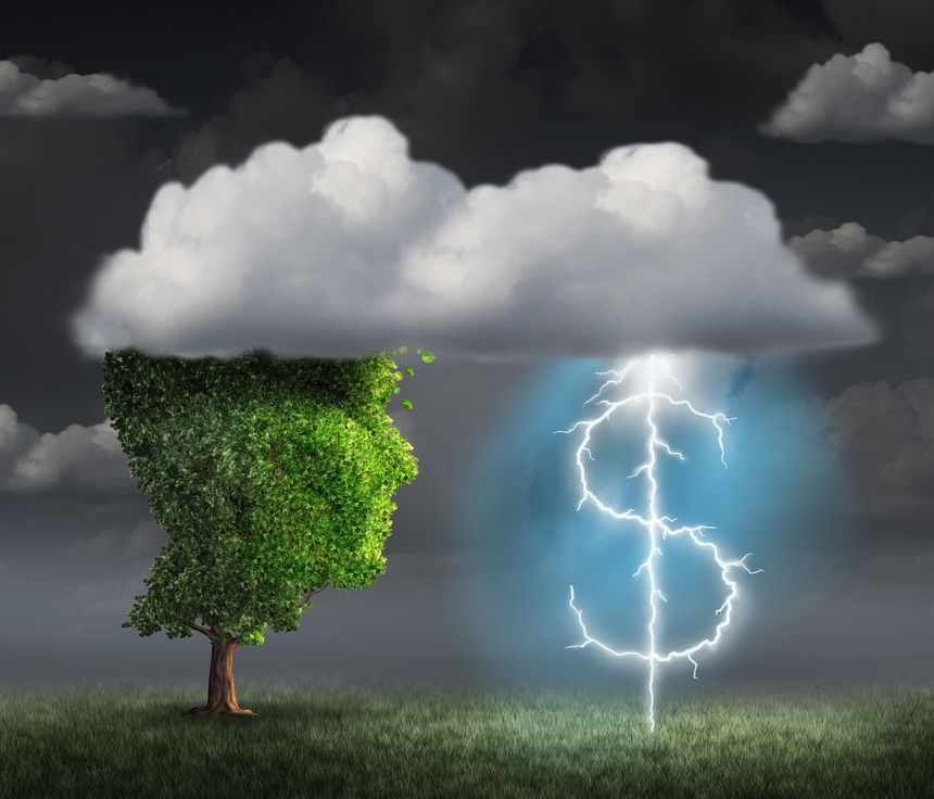 Money making idea as a wealth and entrepreneur concept with a tree head in the clouds with a lightning bolt shaped as a dollar sign as a financial symbol for debt management and profit solution.