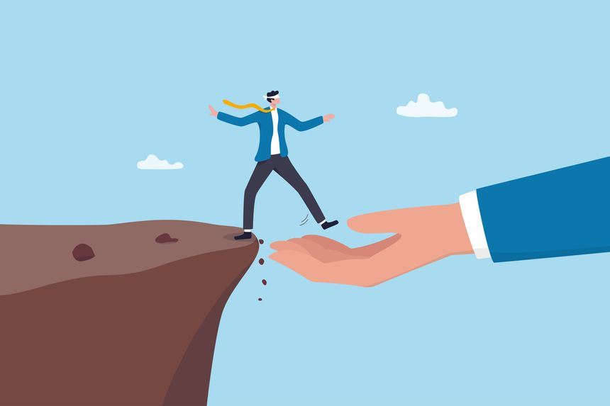 Trust reliability or work support, leadership to help or support employee, partnership to help success, care, belief or faith concept, businessman blindfold walk on trust reliable manager hand.