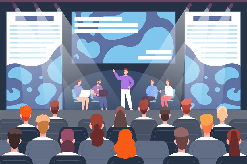 Experts on stage conference. Speakers business forum, convention audience seminar academic lecture presentation show on screen symposium conference room hall vector illustration original artwork