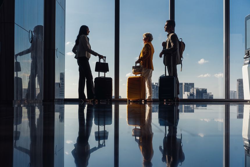 Corporate traveling for business and network - conversation in a hotel lobby