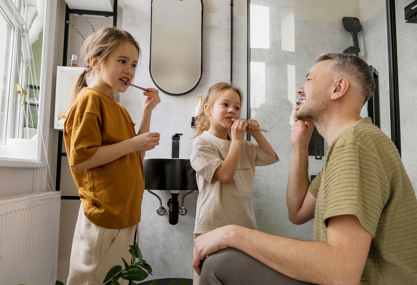 A father teaches his two daughters how to brush their teeth in the bathroom. He is showing them how to hold the toothbrush correctly and how to brush their teeth properly. The girls are watching him intently and smiling.