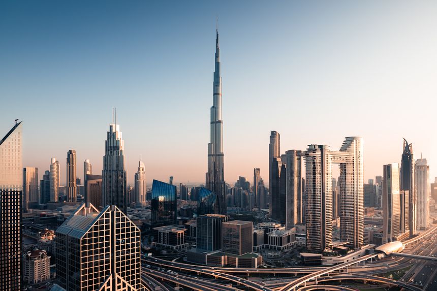 Dubai downtown modern skyscrapers at sunset. Beautiful skyline. United Arab Emirates. Famous travel destination
