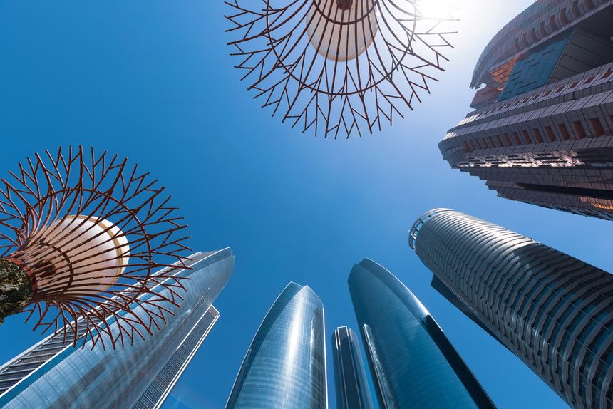 UAE, United Arab Emirates, Abu Dhabi downtown panorama and financial center skyline.