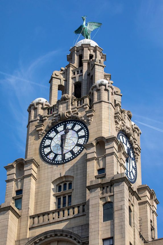 View of the historic Royal Liver Building, located on the waterfront at Pier Head in Liverpool, UK.
