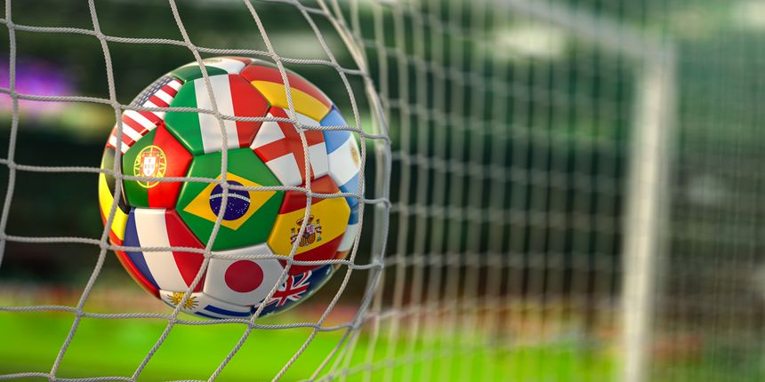 Football ball with flags of world countries in the net of goal of football stadium. World cup championship 2022. 3d illustration