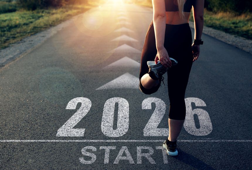 Concept of new professional achievements in the new year 2026 and success. New Year 2026 with new ambitions, challenge, plans, goals and visions.Sports girl who wants to start the year 2026