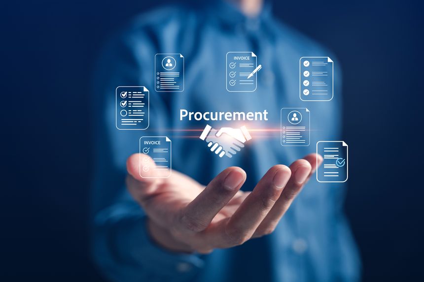 Digital procurement system with contract, invoice, and document checklist management. Visual shows seamless collaboration, approval workflow, and vendor coordination for business operations.