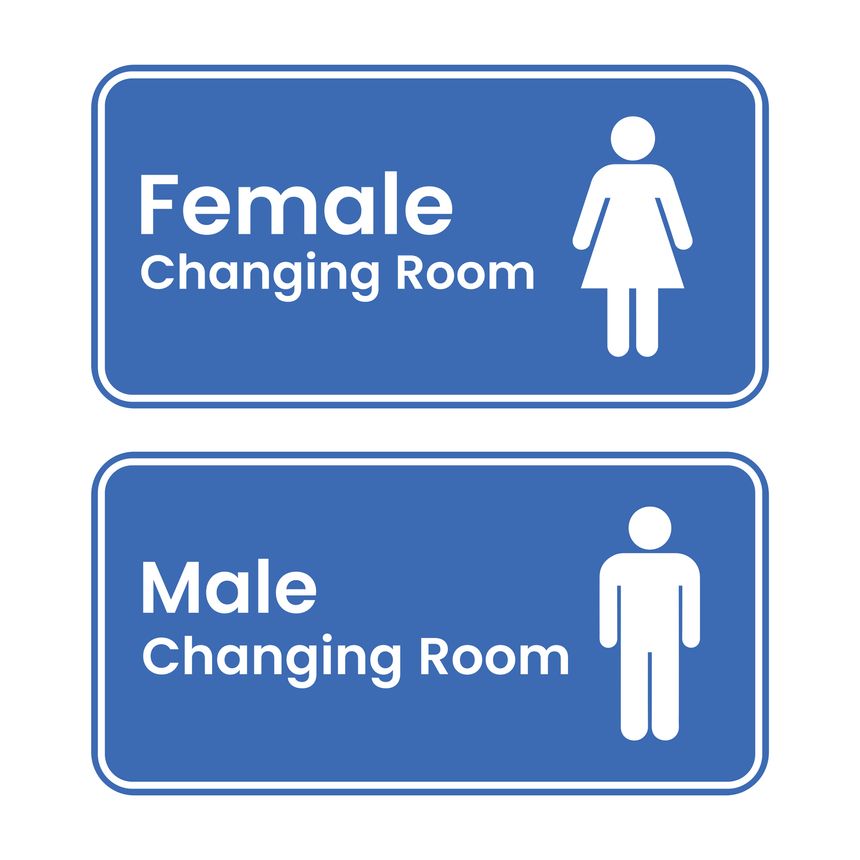 Male and female changing room label icon for restrooms, locker rooms, and public facilities. Simple and clear design suitable for signage, public spaces, gyms, pools, hotels, offices, and recreational areas. Flat vector illustration isolated on white background for wayfinding and facility management.