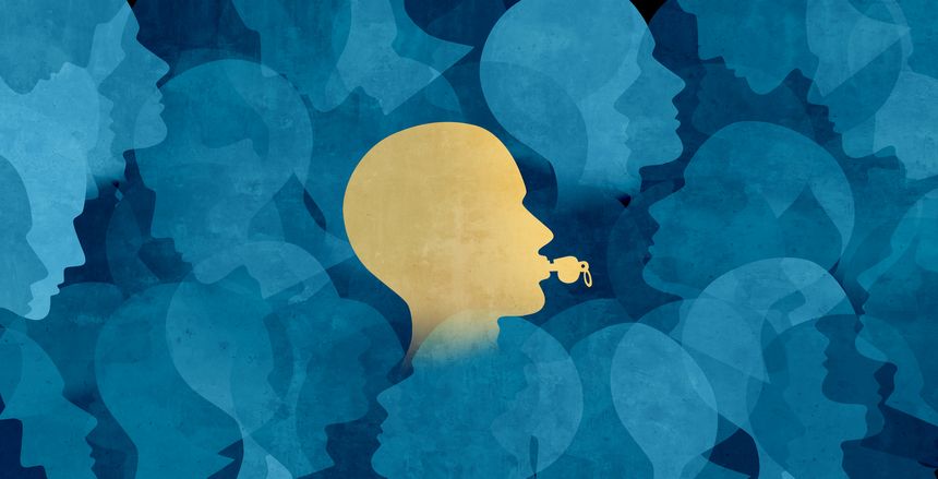 Whistleblower Individual Whistle blower employee or whistle-blower concept as a mole symbol of a secret informer agent posing as an informant worker as a metaphor for inside information on reporting misconduct by an honest person.