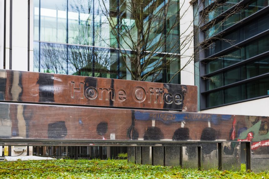 The Home Office building in London features modern architecture and sculptures in a bustling urban setting. London, UK, 16 March 2024