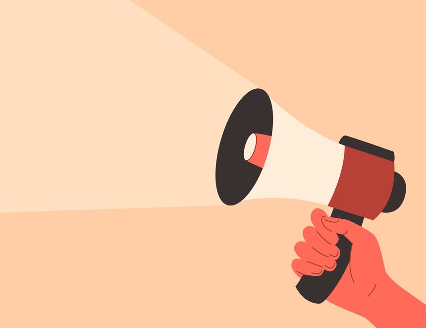 Vector illustration of a hand holding a loudspeaker. Illustration for Human Rights Day on December 10, advocating for liberation from oppression and racial discrimination. Demonstrations or rallies