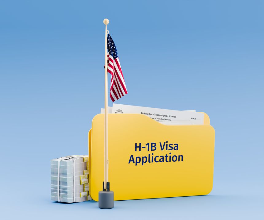 H-1B Visa concept: Applying for a H1-B visa in the USA. A file folder with forms I-129 and an American flag and a bundle of 100 USD bills in the amount of 100.000 USD.