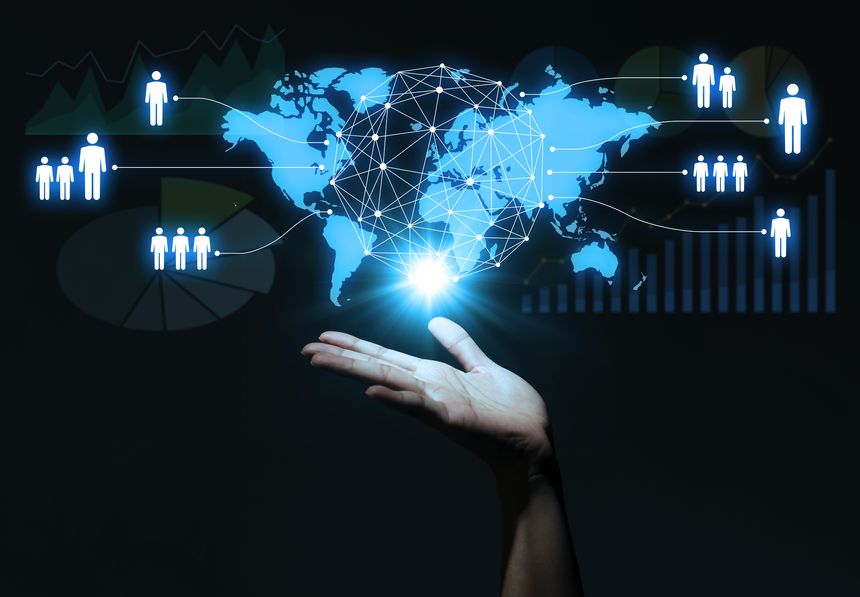 global business concept. human hand and world map.