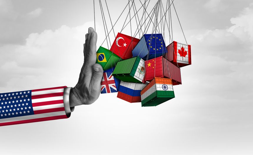 US Trade Barrier Tarrif as American Economic Protectionism and rade Isolation or USA government Protectionist Policy as import taxes or Tariffs in imports.