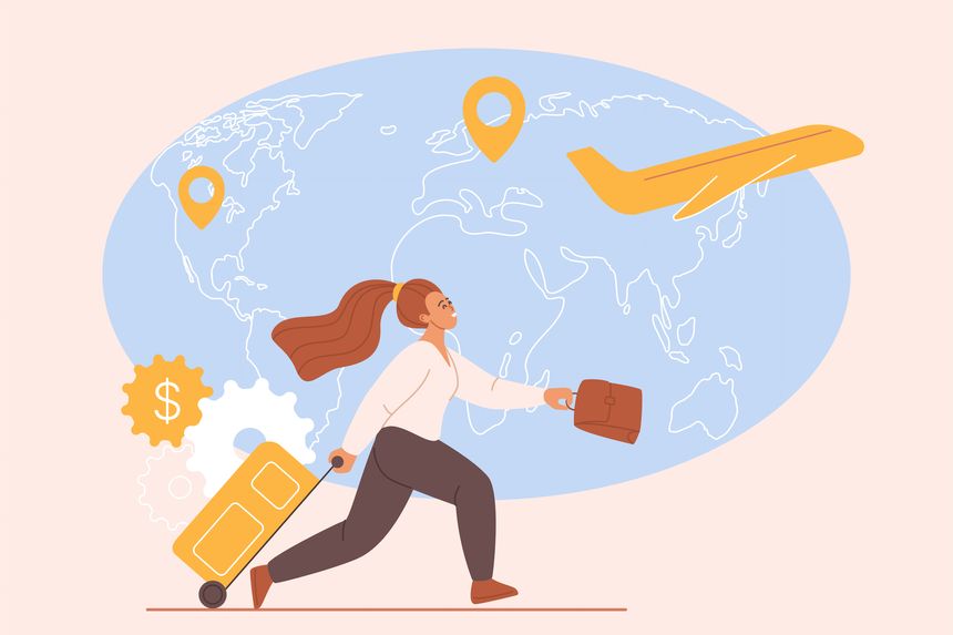 Immigration, brain drain, relocation with work visa. Tiny woman migrant running with suitcase to airport to travel, study or work in foreign country, big world map cartoon vector illustration