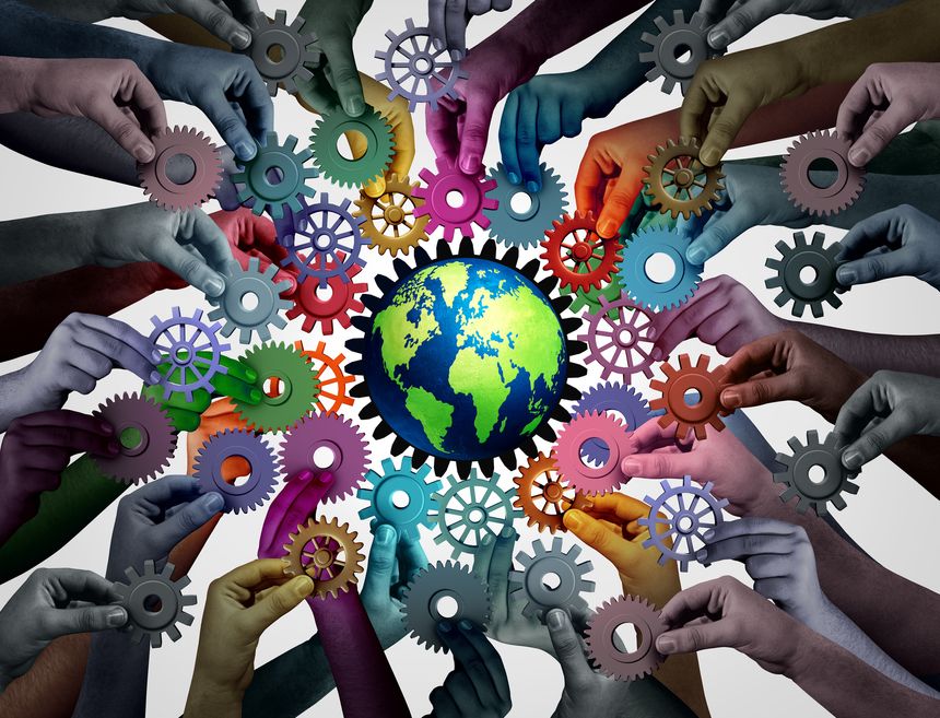 Diverse Global Economy and international community connecting together for the world economy and political stability through globalization supply chain and transatlantic or transpacific trade representing diverse business.