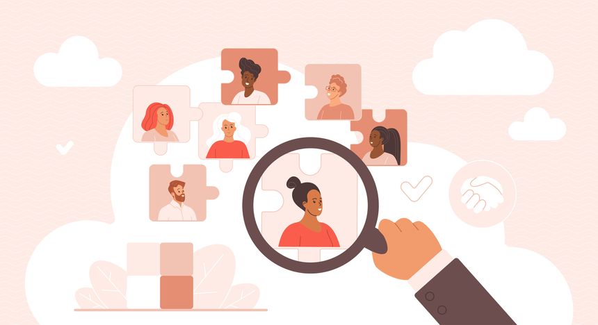 Recruitment and Selection concept showing hand with magnifying glass selecting a suitable candidate represented in jigsaw puzzle with various people. Hiring, workforce, and HR concept.