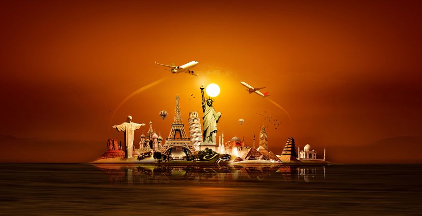Travel the world monument with orange sky