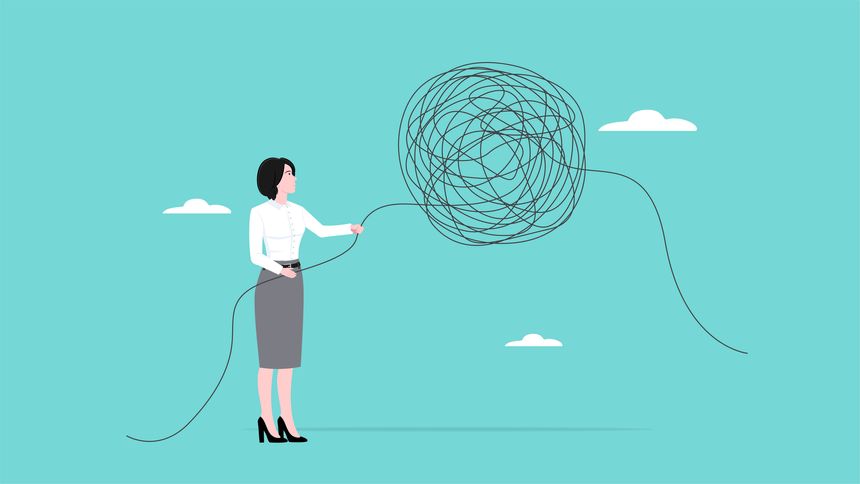 unravel complex problem, reduce business chaos problems by solving them gradually, business woman pulling messy strings to untangle problems concept vector illustration