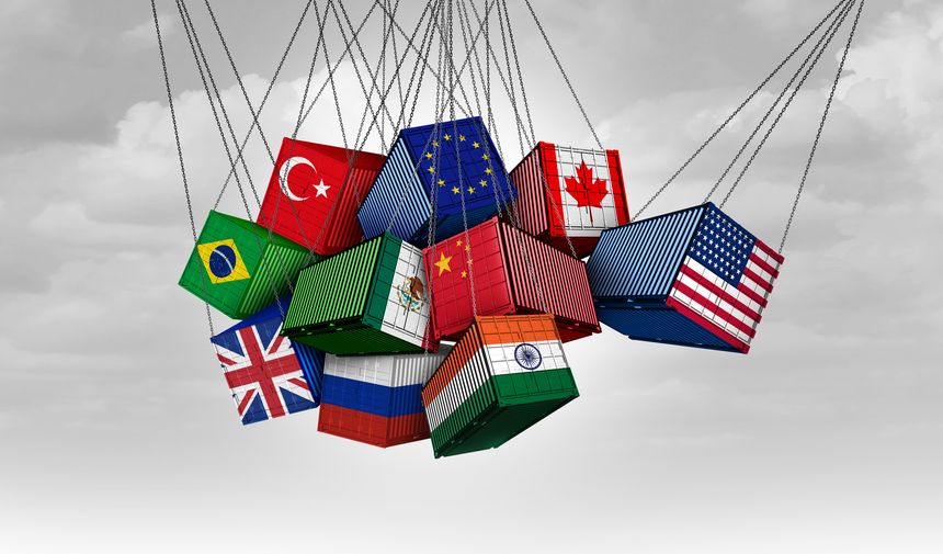 US Global Trade War and USA versus China India Canada and European union as American tariffs with opposing cargo freight containers in conflict as an economic dispute over import and exports.