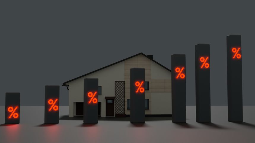 3d Illustration. Growing boxes with a percentage symbol on a house background