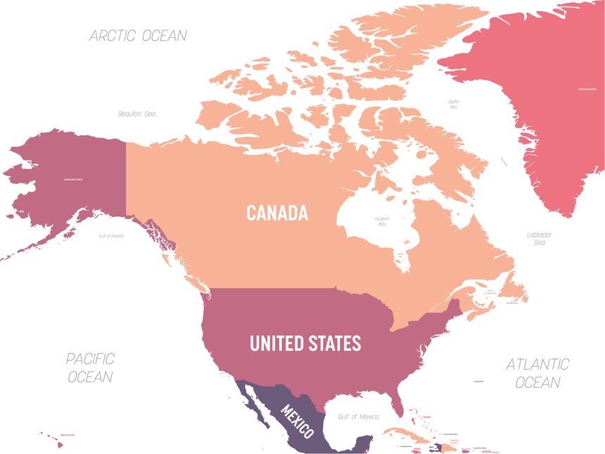 North America map. High detailed political map North American continent with country, ocean and sea names labeling.
