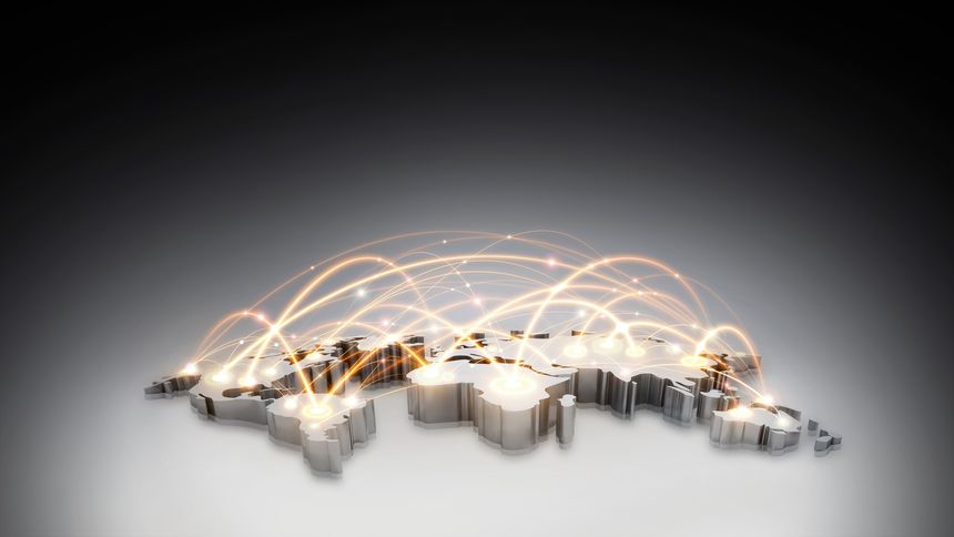 A world map and a complexly intertwined information and communication network, a concept of a future industrial global network.