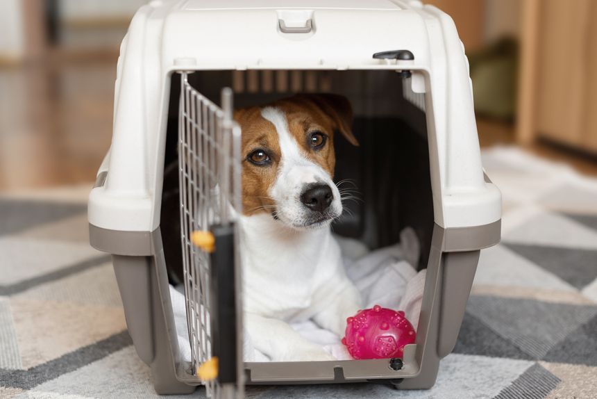 Cute Jack russell terrier dog with a rubber toy ball inside a transport box for animals in a neutral interior. Relocation and pet transportation concept
