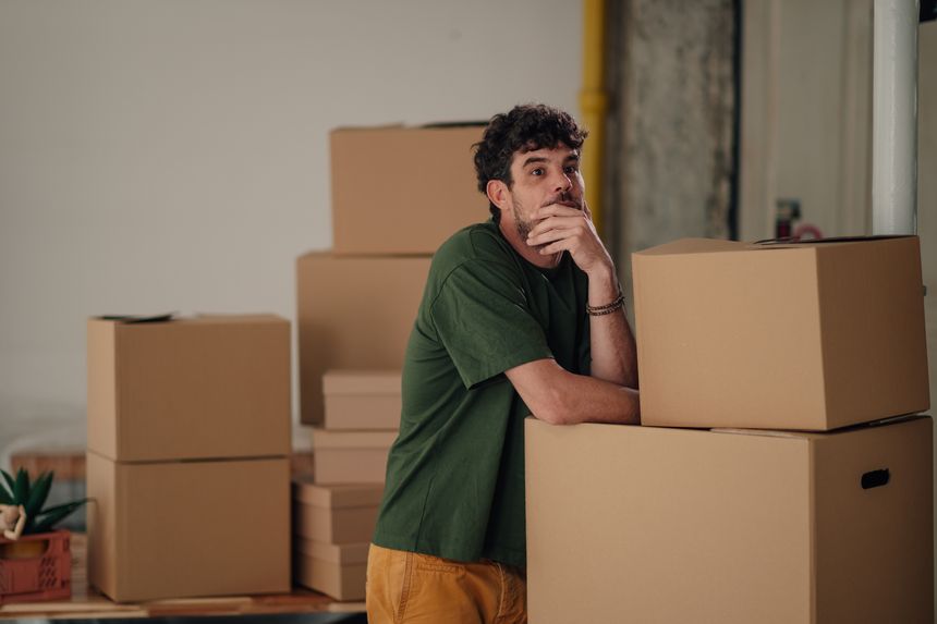 Young man taking a thoughtful break from unpacking boxes in his new home, reflecting on the changes and responsibilities of relocation