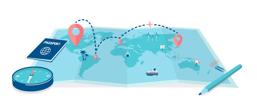 Big world map and travel vector illustration