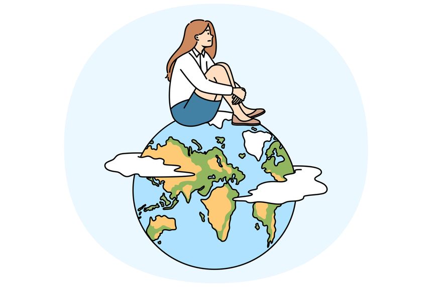 Woman is thinking about emigration and moving to another country to get better career prospects, sitting on globe. Thoughtful businesswoman wants to become expat and go into emigration