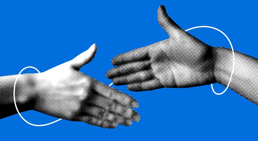 Hands reach out to each other. Handshake. Halftone retro hands. Paper cutout elements. Trendy vintage newspaper parts. Hands tied with thread. Shaking hands. Make a deal. Successful agreement