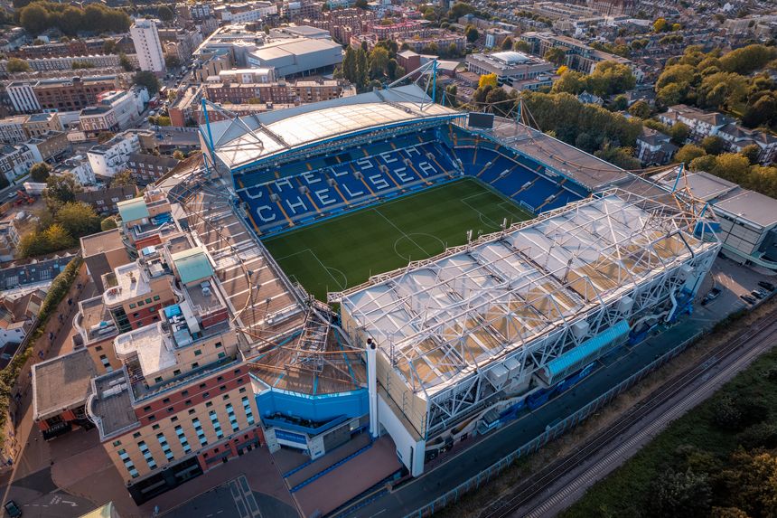 The home of Chelsea Football Club, Stamford Bridge sits in Chelsea in London. The stadium is seen from an aerial view showing the stand and pitch